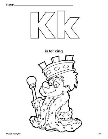 Free printable king coloring page, letter k coloring page for preschool, pre-k, and kindergarten, PDF