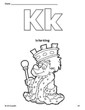 Free printable king coloring page, letter k coloring page for preschool, pre-k, and kindergarten, PDF