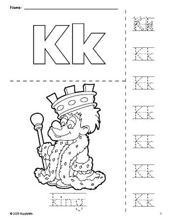 Free printable king coloring page and letter tracing worksheet, letter k worksheet for preschool, pre-k, and kindergarten, PDF