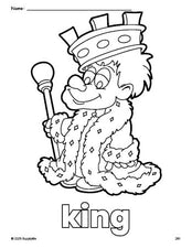 Free printable king coloring page for preschool, pre-k, and kindergarten, PDF