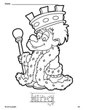 Free printable king coloring page and word tracing worksheet, letter formation guides, perfect for preschool, pre-k, and kindergarten, PDF