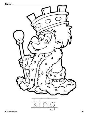 Free printable king coloring page and word tracing worksheet, perfect for preschool, pre-k, and kindergarten, PDF