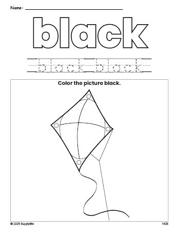 Free kite color black coloring page and color worksheet, black worksheet for preschoolers to learn colors, printable PDF