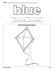 Free kite color blue coloring page and color worksheet, blue worksheet for preschoolers to learn colors, printable PDF