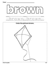 Free kite color brown coloring page and color worksheet, brown worksheet for preschoolers to learn colors, printable PDF