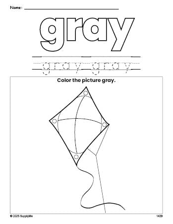 Free kite color gray coloring page and color worksheet, gray worksheet for preschoolers to learn colors, printable PDF