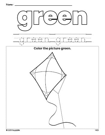 Free kite color green coloring page and color worksheet, green worksheet for preschoolers to learn colors, printable PDF