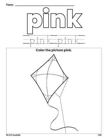 Free kite color pink coloring page and color worksheet, pink worksheet for preschoolers to learn colors, printable PDF