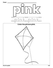 Free kite color pink coloring page and color worksheet, pink worksheet for preschoolers to learn colors, printable PDF