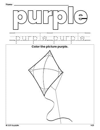 Free kite color purple coloring page and color worksheet, purple worksheet for preschoolers to learn colors, printable PDF