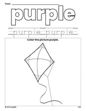 Free kite color purple coloring page and color worksheet, purple worksheet for preschoolers to learn colors, printable PDF