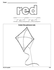 Free kite color red coloring page and color worksheet, red worksheet for preschoolers to learn colors, printable PDF