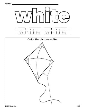 Free kite color white coloring page and color worksheet, white worksheet for preschoolers to learn colors, printable PDF