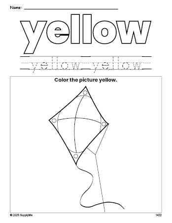 Free kite color yellow coloring page and color worksheet, yellow worksheet for preschoolers to learn colors, printable PDF