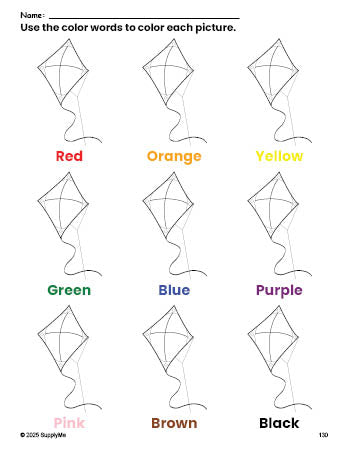 Free kite coloring page and color worksheet for preschoolers to learn colors, printable PDF