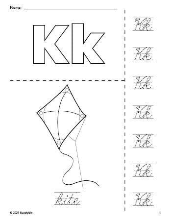 Free printable kite coloring page and cursive letter tracing worksheet, letter k worksheet for preschool, pre-k, and kindergarten, PDF