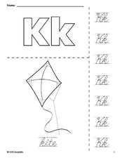 Free printable kite coloring page and cursive letter tracing worksheet, letter k worksheet for preschool, pre-k, and kindergarten, PDF