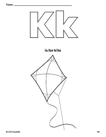 Free printable kite coloring page, letter k coloring page for preschool, pre-k, and kindergarten, PDF