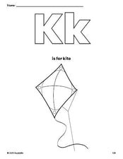 Free printable kite coloring page, letter k coloring page for preschool, pre-k, and kindergarten, PDF