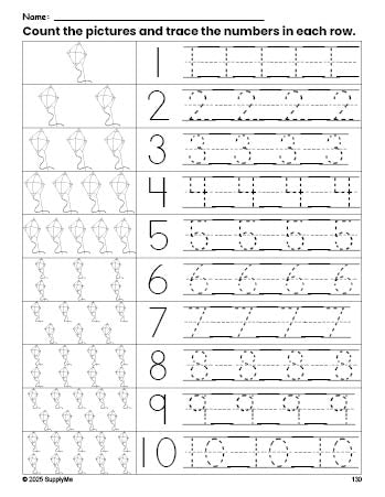 Free printable kite counting worksheet for preschool and pre-k with number tracing practice 1-10, PDF