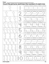 Free printable kite counting worksheet for preschool and pre-k with number tracing practice 1-10, PDF