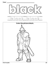 Free knight color black coloring page and color worksheet, black worksheet for preschoolers to learn colors, printable PDF