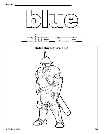 Free knight color blue coloring page and color worksheet, blue worksheet for preschoolers to learn colors, printable PDF