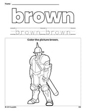 Free knight color brown coloring page and color worksheet, brown worksheet for preschoolers to learn colors, printable PDF