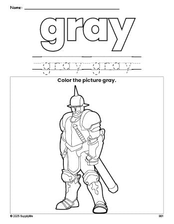 Free knight color gray coloring page and color worksheet, gray worksheet for preschoolers to learn colors, printable PDF