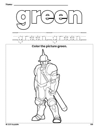 Free knight color green coloring page and color worksheet, green worksheet for preschoolers to learn colors, printable PDF