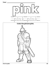 Free knight color pink coloring page and color worksheet, pink worksheet for preschoolers to learn colors, printable PDF