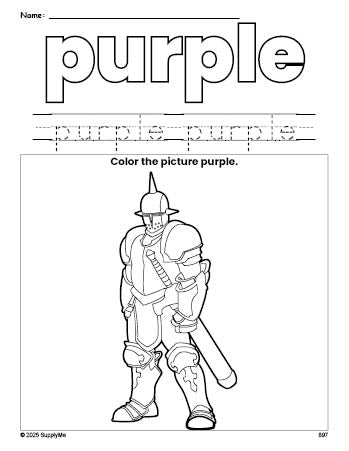 Free knight color purple coloring page and color worksheet, purple worksheet for preschoolers to learn colors, printable PDF