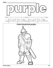 Free knight color purple coloring page and color worksheet, purple worksheet for preschoolers to learn colors, printable PDF