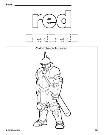 Free knight color red coloring page and color worksheet, red worksheet for preschoolers to learn colors, printable PDF