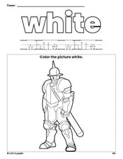 Free knight color white coloring page and color worksheet, white worksheet for preschoolers to learn colors, printable PDF