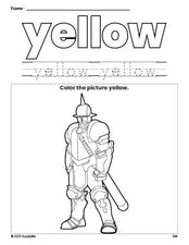 Free knight color yellow coloring page and color worksheet, yellow worksheet for preschoolers to learn colors, printable PDF