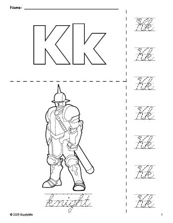 Free printable knight coloring page and cursive letter tracing worksheet, letter k worksheet for preschool, pre-k, and kindergarten, PDF