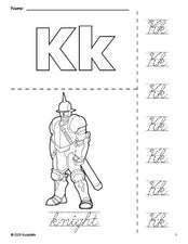 Free printable knight coloring page and cursive letter tracing worksheet, letter k worksheet for preschool, pre-k, and kindergarten, PDF