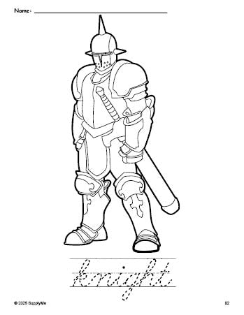 Free printable knight coloring page and cursive word tracing worksheet, perfect for preschool, pre-k, and kindergarten, PDF