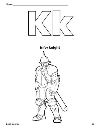 Free printable knight coloring page, letter k coloring page for preschool, pre-k, and kindergarten, PDF