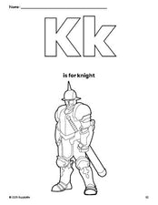 Free printable knight coloring page, letter k coloring page for preschool, pre-k, and kindergarten, PDF