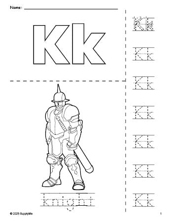 Free printable knight coloring page and letter tracing worksheet, letter k worksheet for preschool, pre-k, and kindergarten, PDF