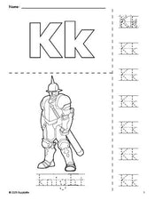 Free printable knight coloring page and letter tracing worksheet, letter k worksheet for preschool, pre-k, and kindergarten, PDF