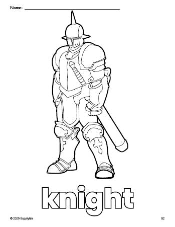 Free printable knight coloring page for preschool, pre-k, and kindergarten, PDF