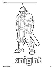 Free printable knight coloring page for preschool, pre-k, and kindergarten, PDF