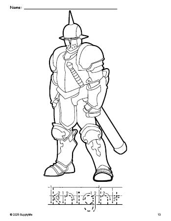 Free printable knight coloring page and word tracing worksheet, letter formation guides, perfect for preschool, pre-k, and kindergarten, PDF