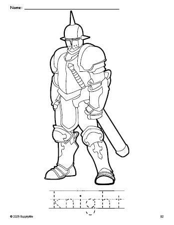 Free printable knight coloring page and word tracing worksheet, perfect for preschool, pre-k, and kindergarten, PDF