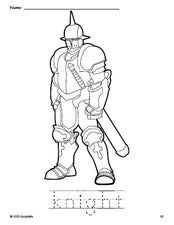 Free printable knight coloring page and word tracing worksheet, perfect for preschool, pre-k, and kindergarten, PDF