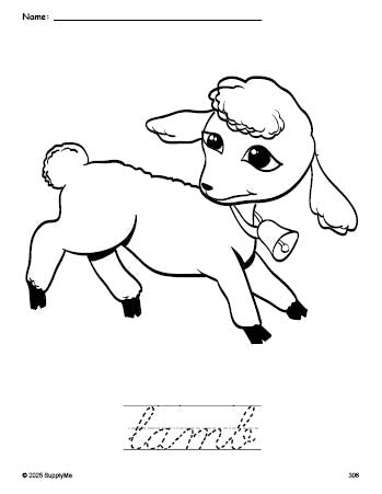 Free printable lamb Easter coloring page and cursive word tracing worksheet, perfect for preschool, pre-k, and kindergarten, PDF