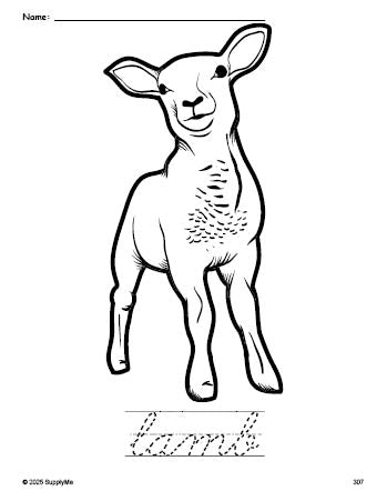 Free printable lamb Easter coloring page and cursive word tracing worksheet, perfect for preschool, pre-k, and kindergarten, PDF